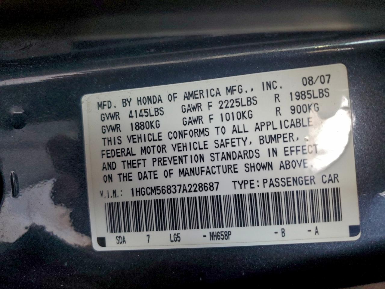 2007 Honda Accord Ex VIN: 1HGCM56837A228687 Lot: 95486255