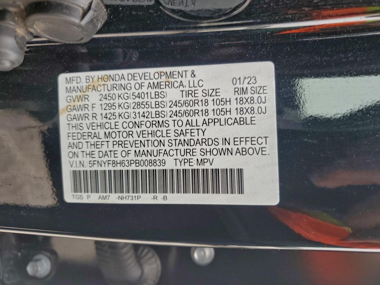 2023 Honda Passport Trail Sport VIN: 5FNYF8H63PB008839 Lot: 95703575