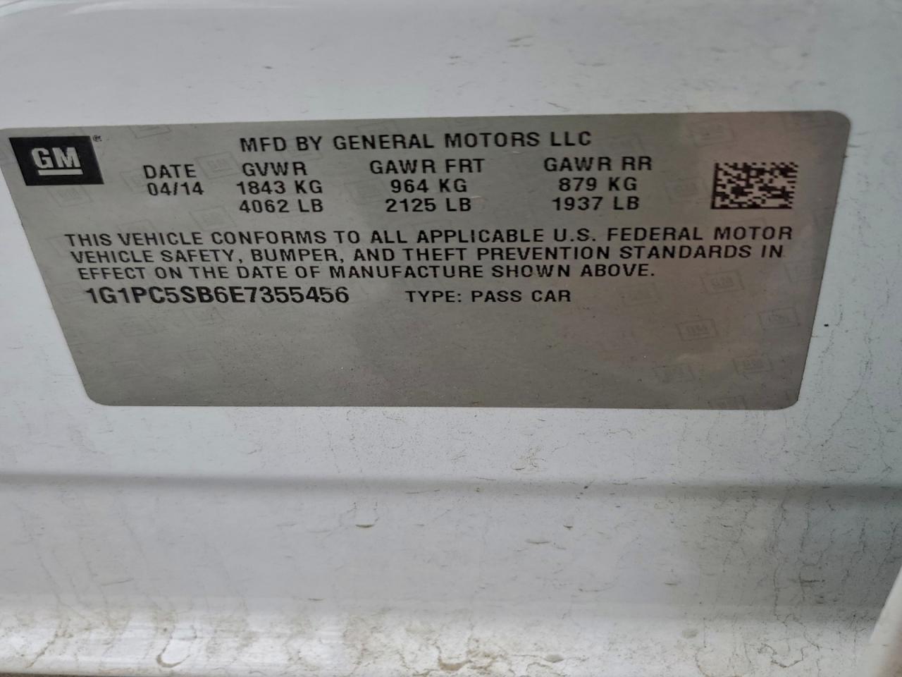 2014 Chevrolet Cruze Lt VIN: 1G1PC5SB6E7355456 Lot: 95425805