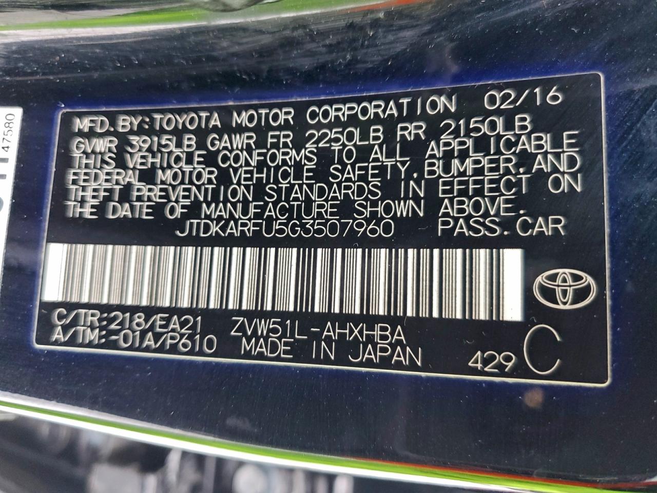 2016 Toyota Prius VIN: JTDKARFU5G3507960 Lot: 94632395