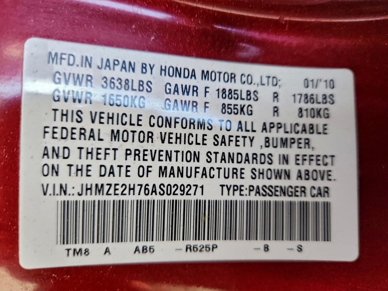2010 Honda Insight Ex VIN: JHMZE2H76AS029271 Lot: 96059745