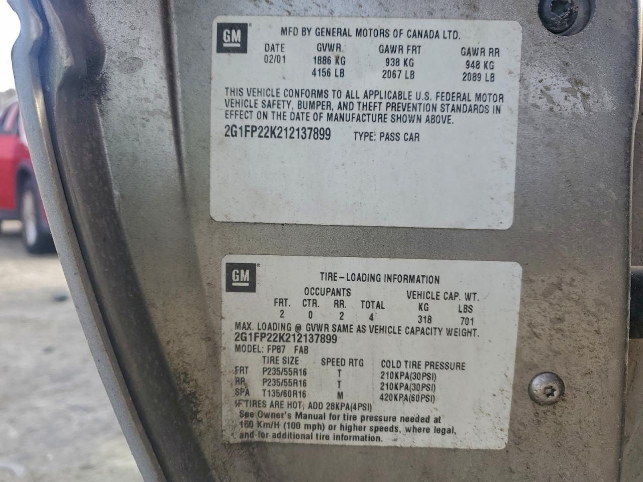 2001 Chevrolet Camaro VIN: 2G1FP22K212137899 Lot: 94830775