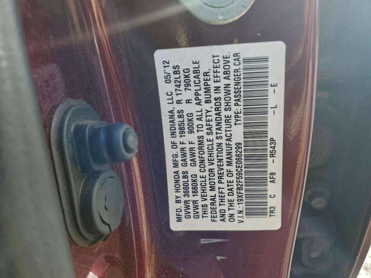 2012 Honda Civic Lx VIN: 19XFB2F59CE066299 Lot: 94755615