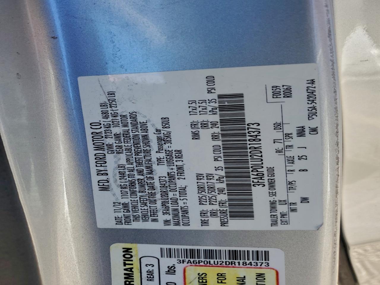 2013 Ford Fusion Se Hybrid VIN: 3FA6P0LU2DR184373 Lot: 94779905