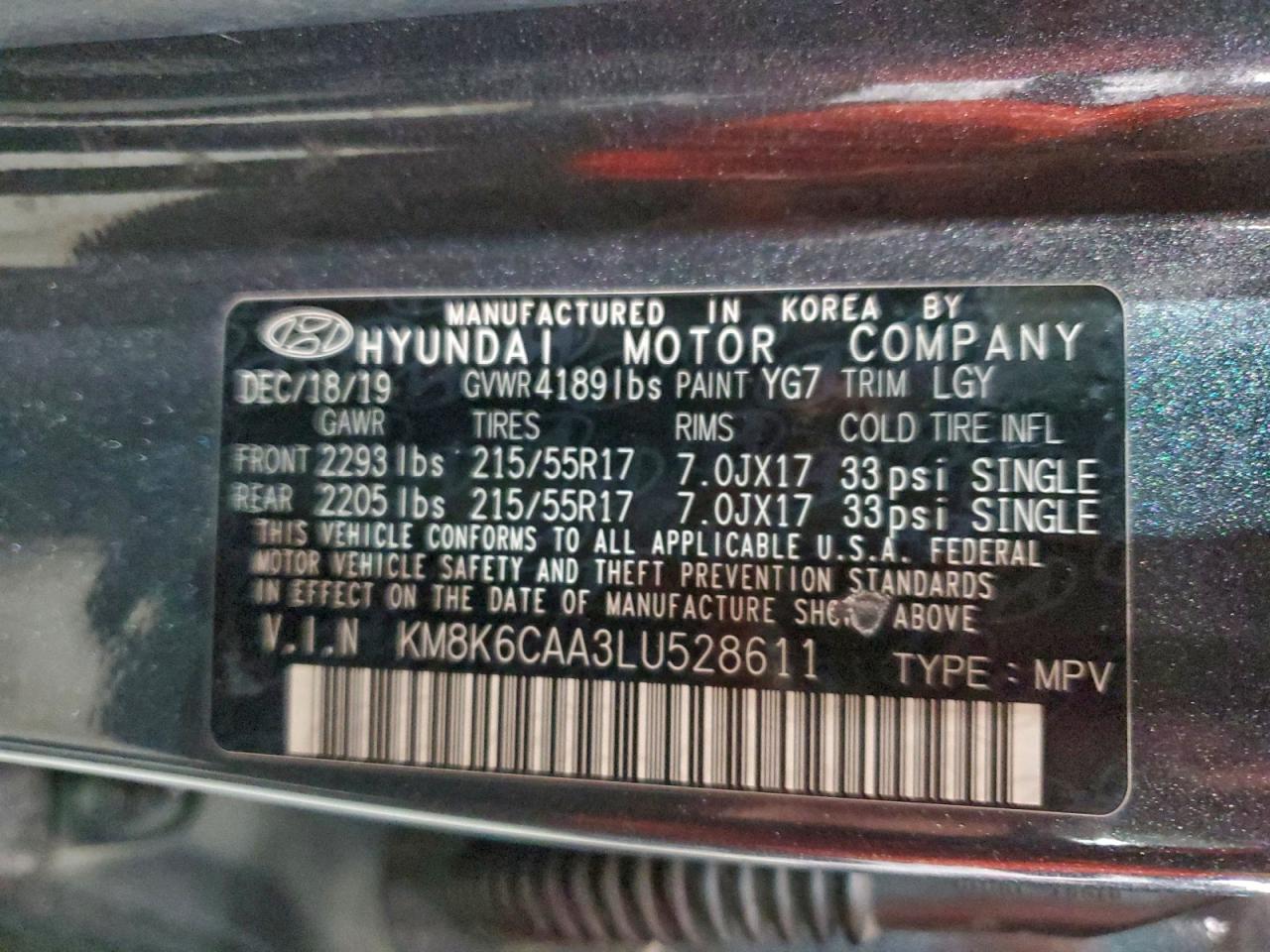 2020 Hyundai Kona Sel Plus VIN: KM8K6CAA3LU528611 Lot: 96802855