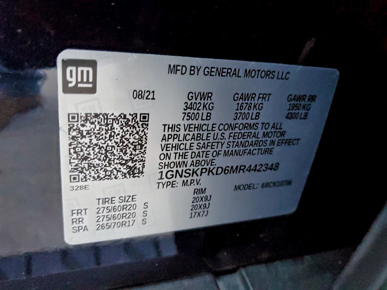2021 Chevrolet Tahoe K1500 Z71 VIN: 1GNSKPKD6MR442348 Lot: 95004555