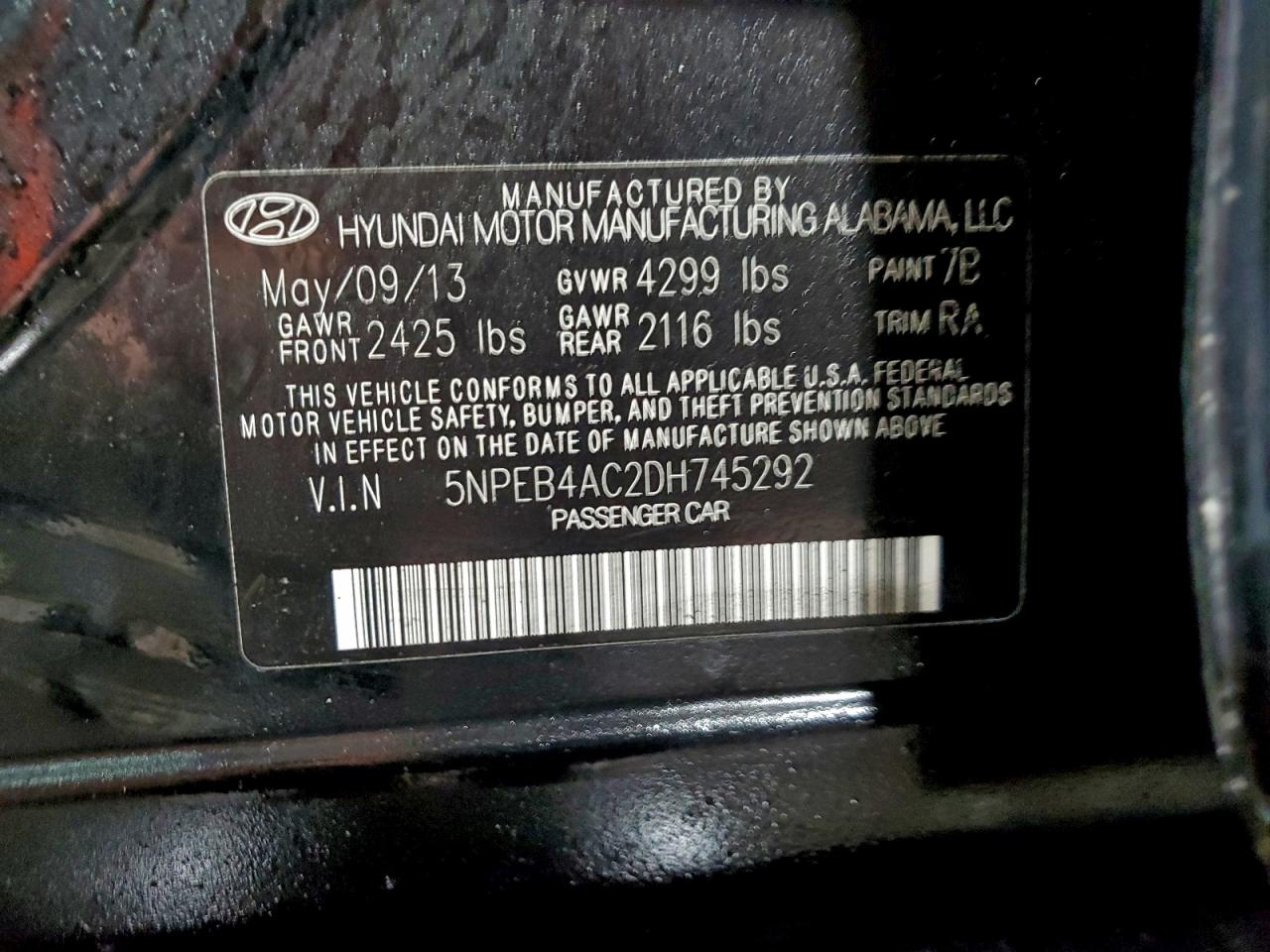 2013 Hyundai Sonata Gls VIN: 5NPEB4AC2DH745292 Lot: 94789875