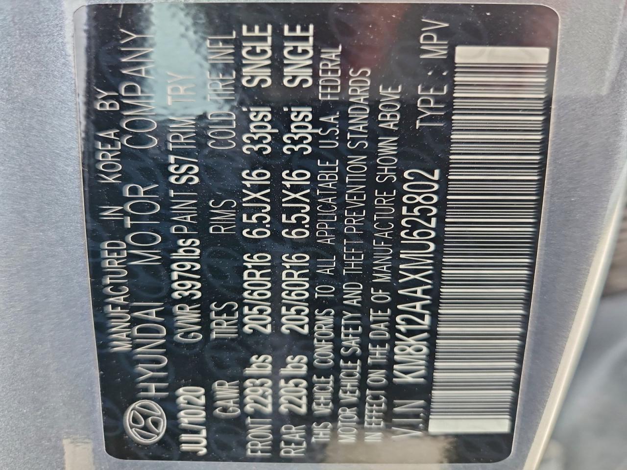 2021 Hyundai Kona Se VIN: KM8K12AAXMU625802 Lot: 95856515