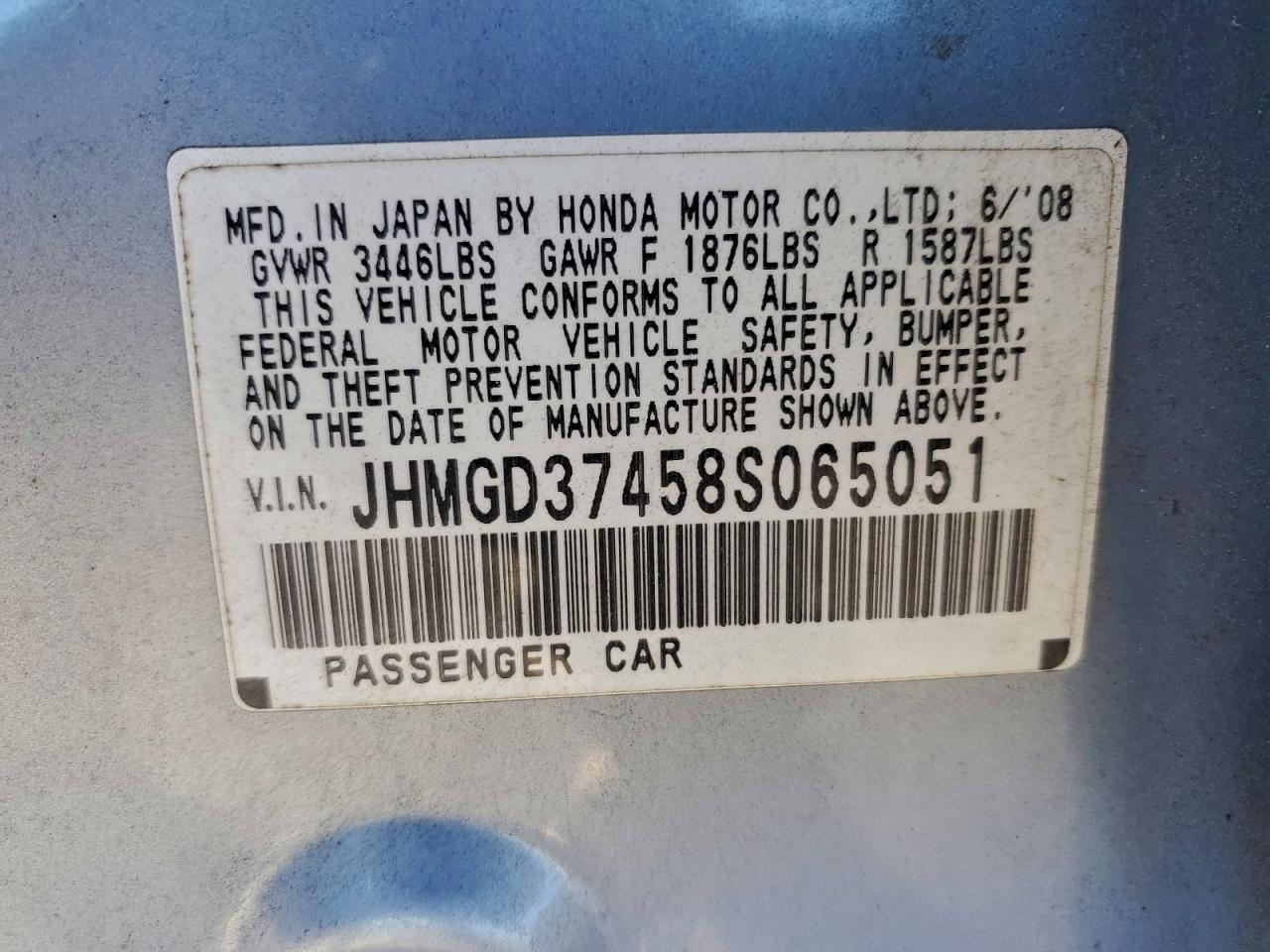 2008 Honda Fit VIN: JHMGD37458S065051 Lot: 94601665