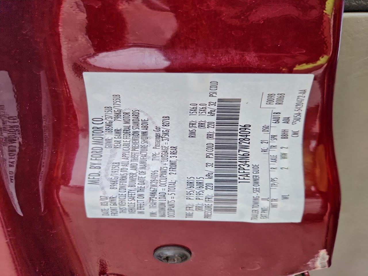 2007 Ford Focus Zx4 VIN: 1FAFP34N67W284096 Lot: 95247435