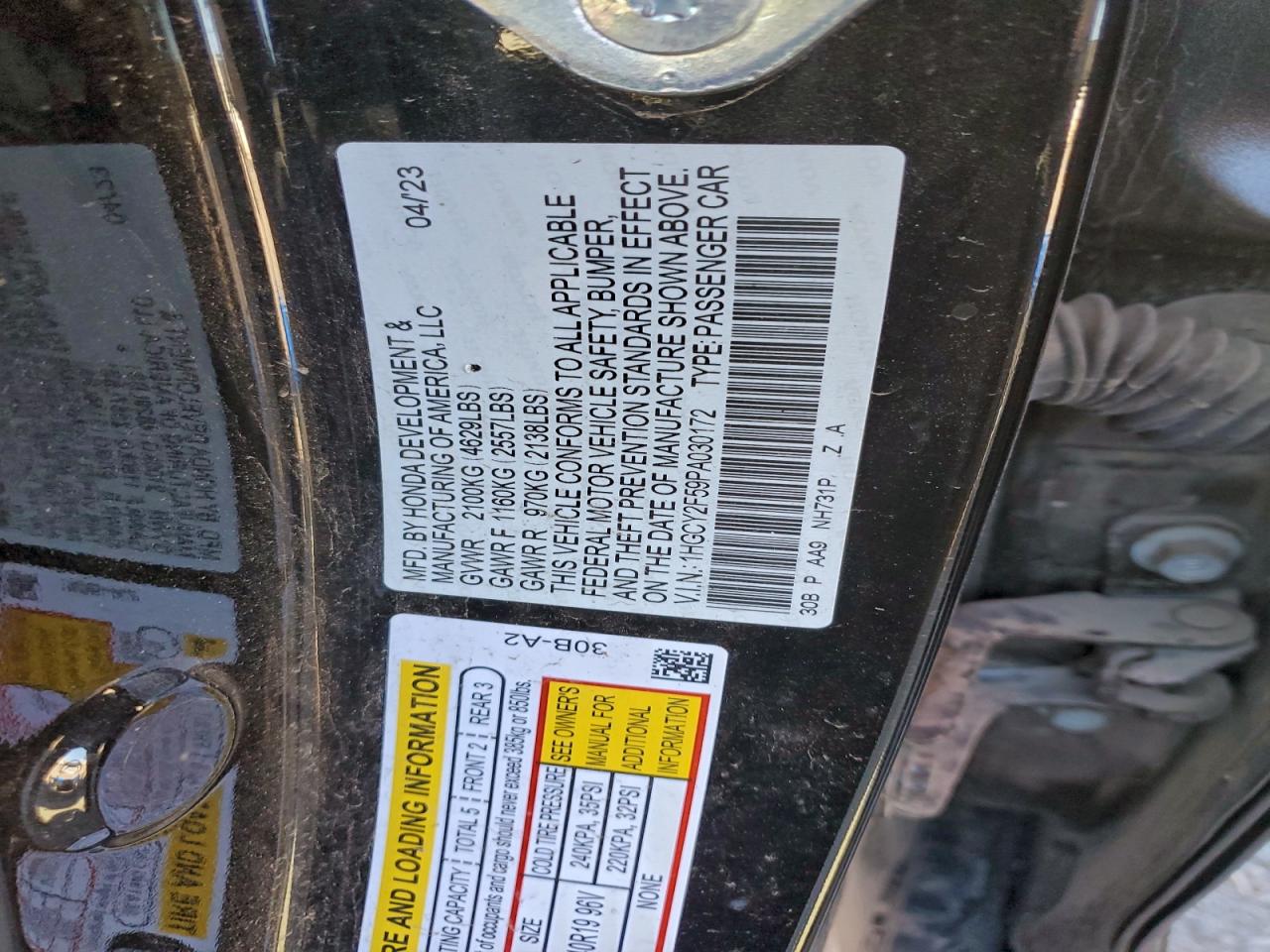 2023 Honda Accord Hybrid Sport VIN: 1HGCY2F59PA030172 Lot: 94936945