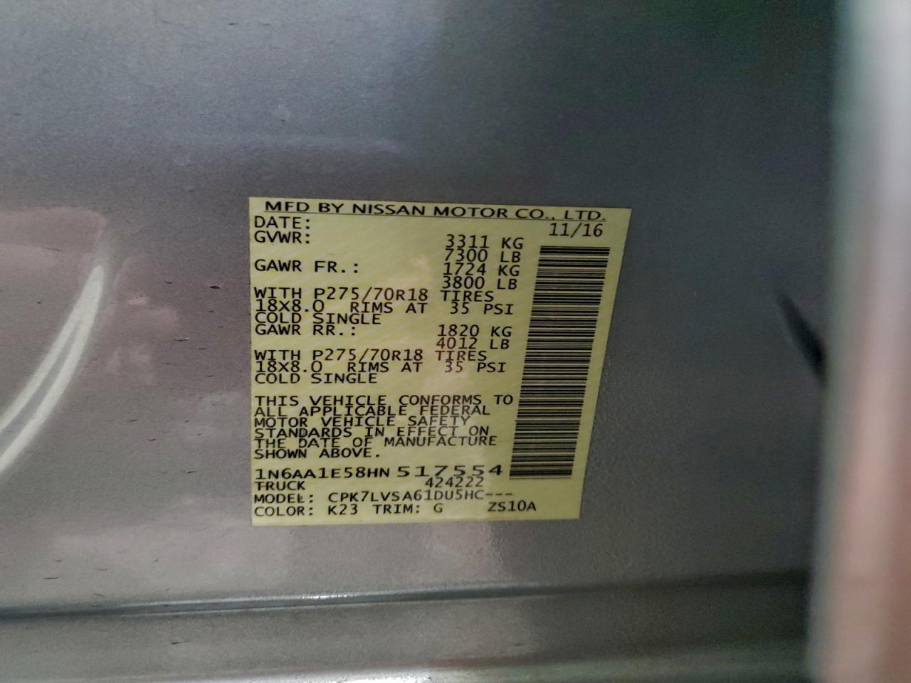 2017 Nissan Titan Sv VIN: 1N6AA1E58HN517554 Lot: 94972165