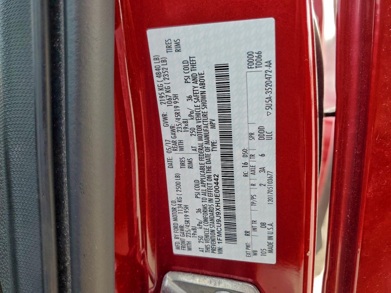 2017 Ford Escape Titanium VIN: 1FMCU9J9XHUE00442 Lot: 94656985