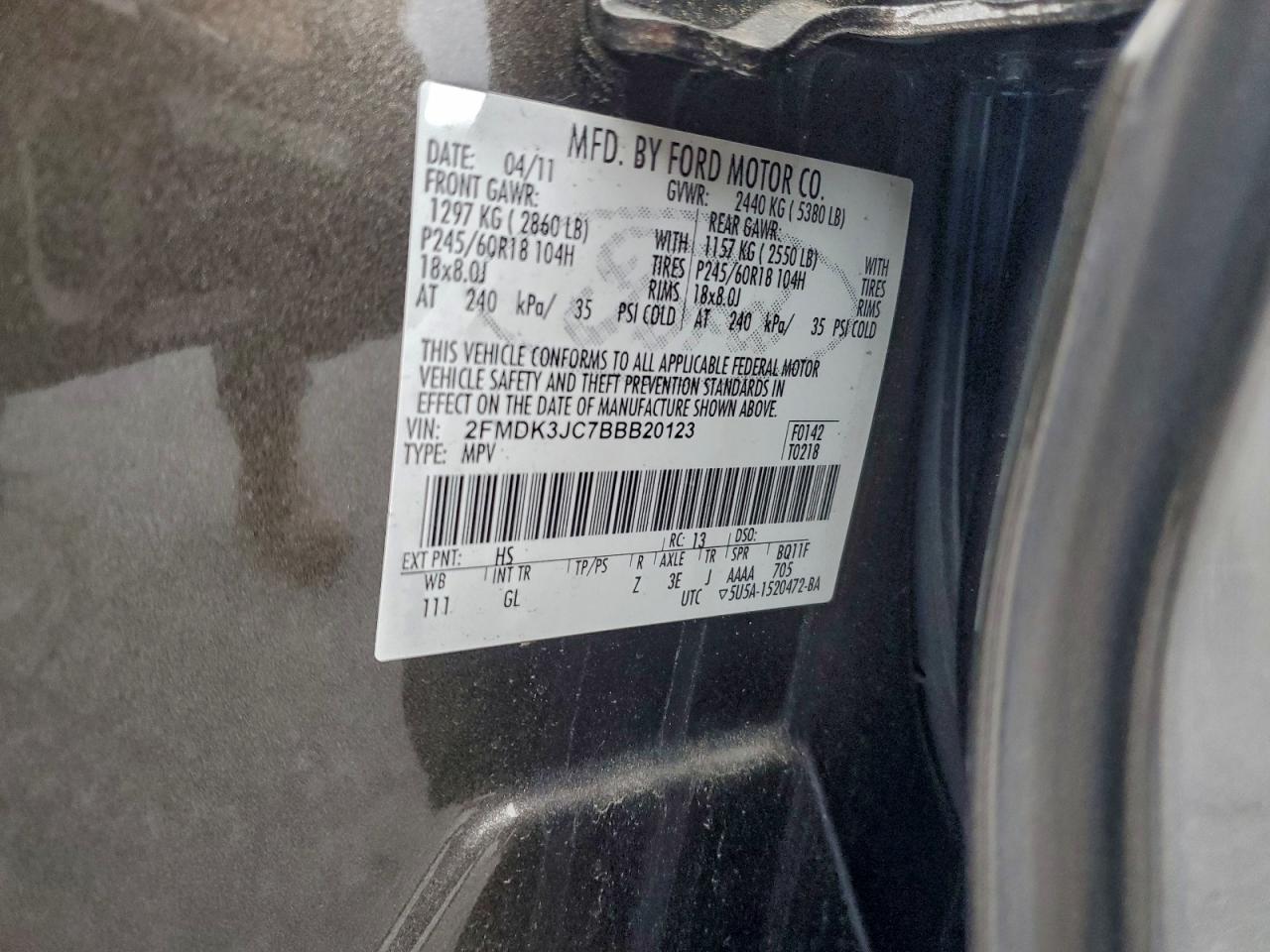 2011 Ford Edge Sel VIN: 2FMDK3JC7BBB20123 Lot: 94889315