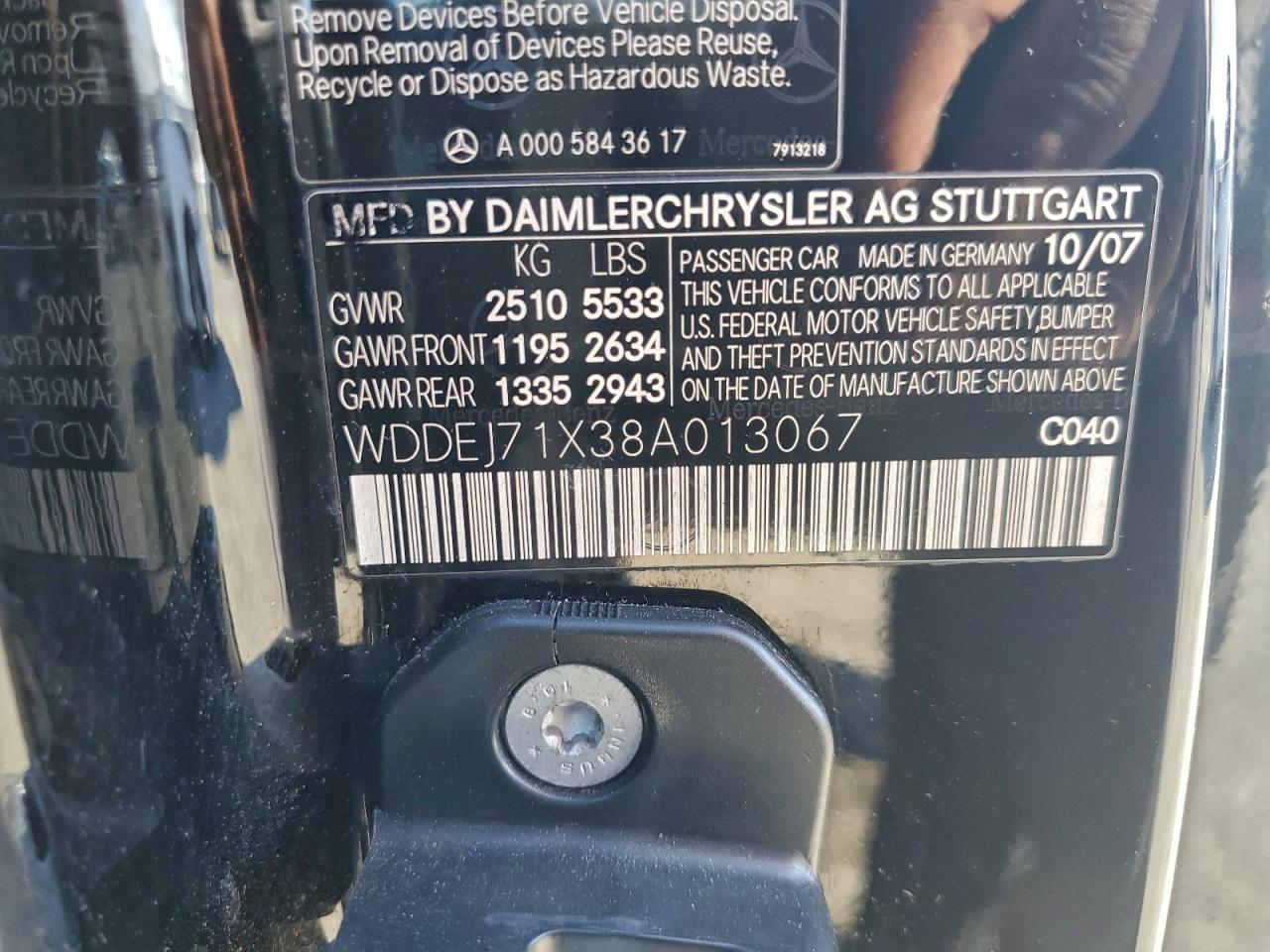 2008 Mercedes-Benz Cl 550 VIN: WDDEJ71X38A013067 Lot: 95475055