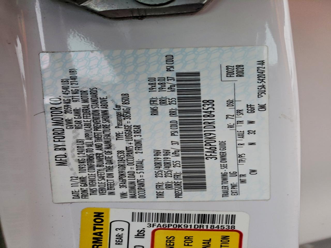 2013 Ford Fusion Titanium VIN: 3FA6P0K91DR184538 Lot: 95489635