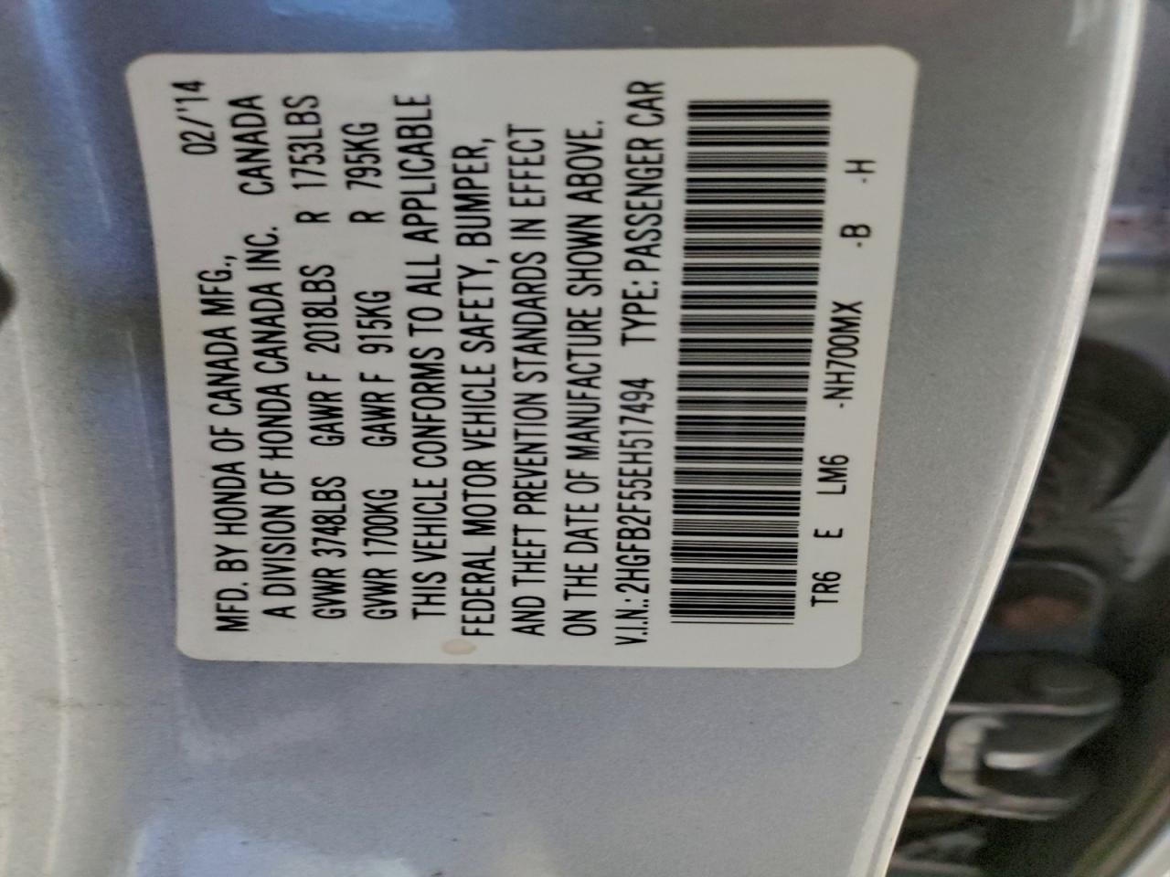 2014 Honda Civic Lx VIN: 2HGFB2F55EH517494 Lot: 94654725