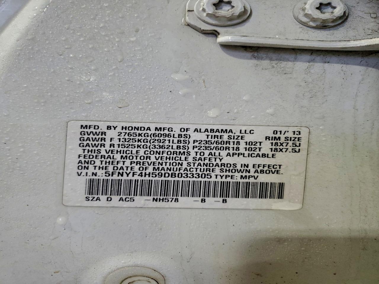 2013 Honda Pilot Exl VIN: 5FNYF4H59DB033305 Lot: 94131515