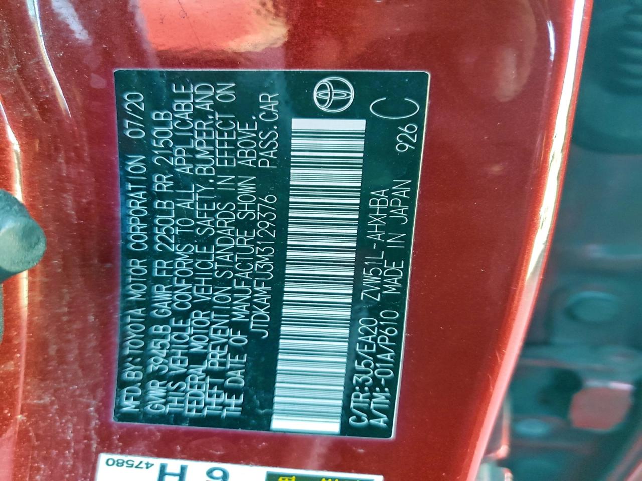 2021 Toyota Prius Special Edition VIN: JTDKAMFU3M3129376 Lot: 95009795