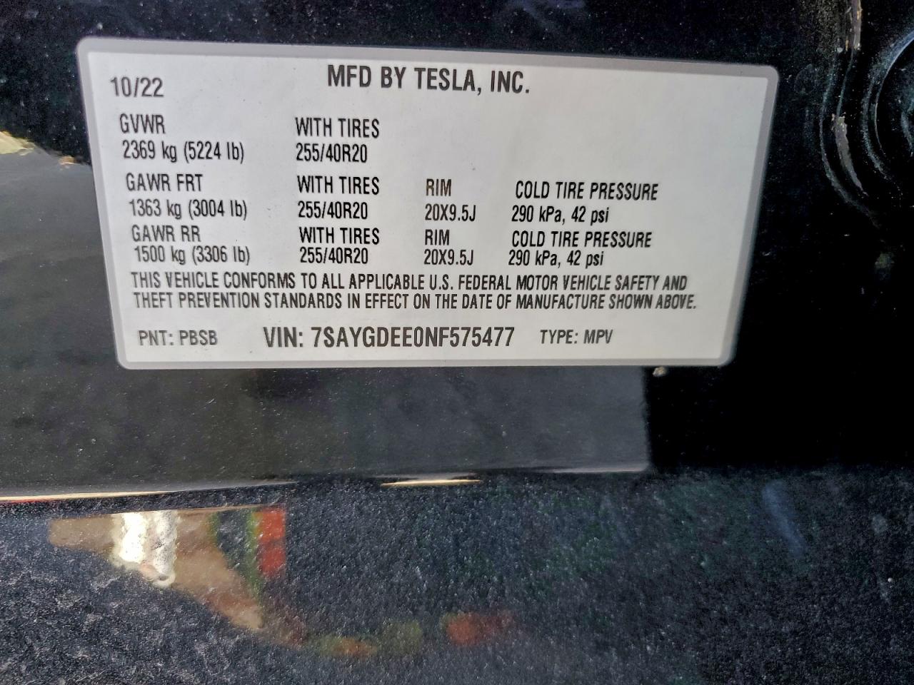 2022 Tesla Model Y VIN: 7SAYGDEE0NF575477 Lot: 94804245