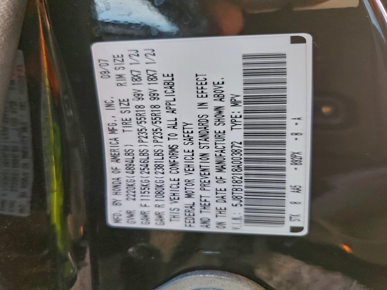 2008 Acura Rdx VIN: 5J8TB18218A003872 Lot: 95180355