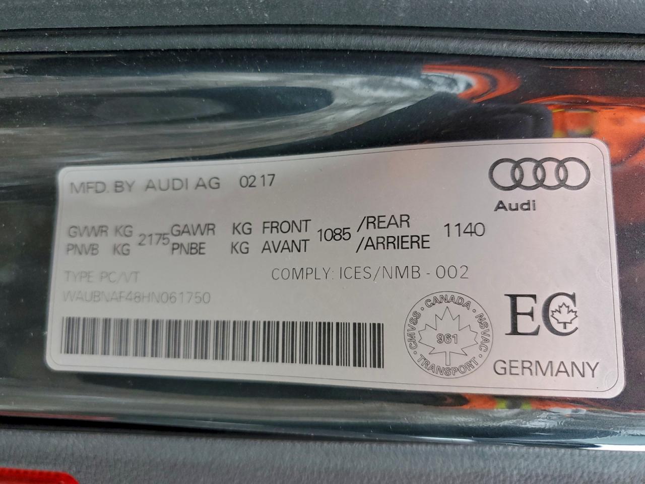 2017 Audi A4 Progressiv VIN: WAUBNAF48HN061750 Lot: 94424355