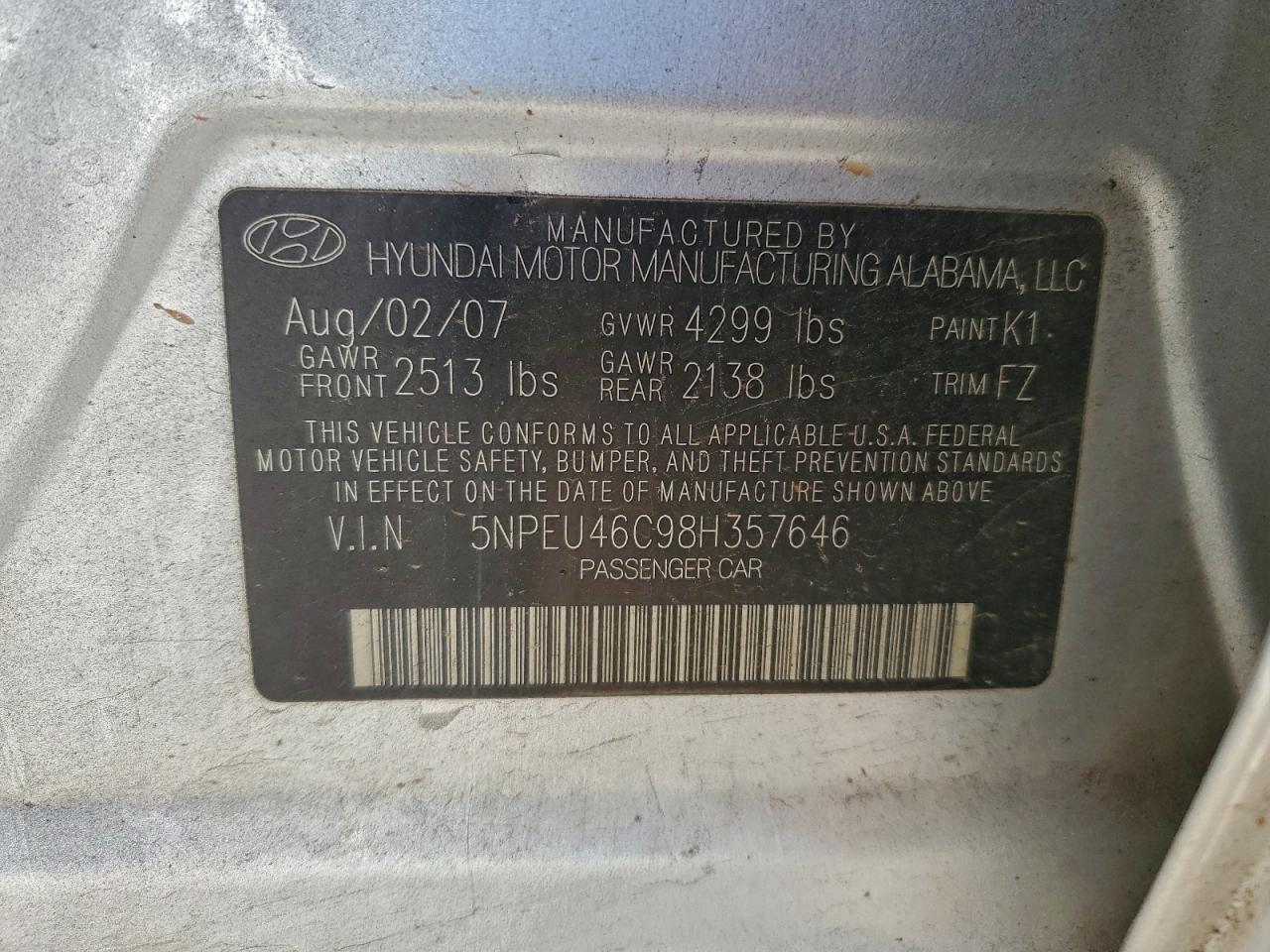 2008 Hyundai Sonata Se VIN: 5NPEU46C98H357646 Lot: 97088145