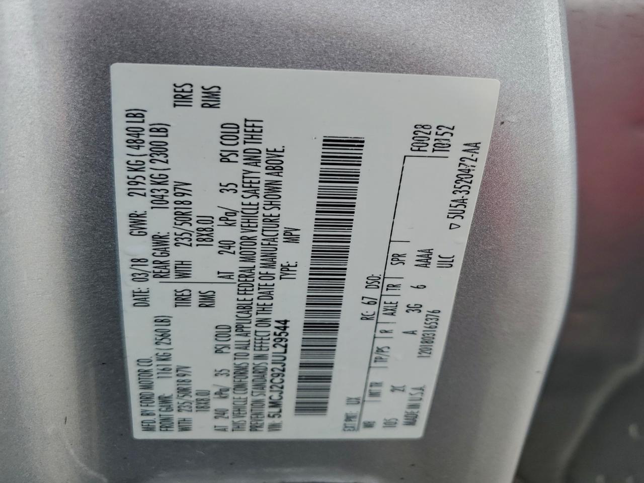 2018 Lincoln Mkc Select VIN: 5LMCJ2C92JUL29544 Lot: 96285995