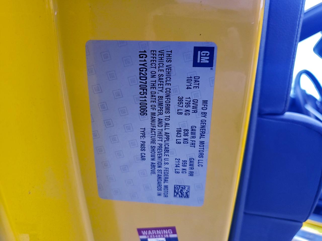 2015 Chevrolet Corvette Stingray Z51 1Lt VIN: 1G1YG2D70F5110066 Lot: 94090175