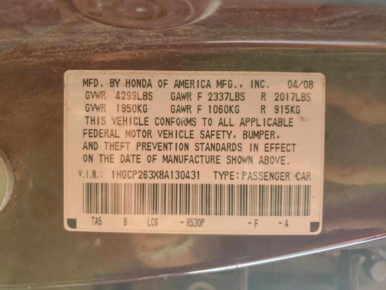 2008 Honda Accord Lx VIN: 1HGCP263X8A130431 Lot: 93839755