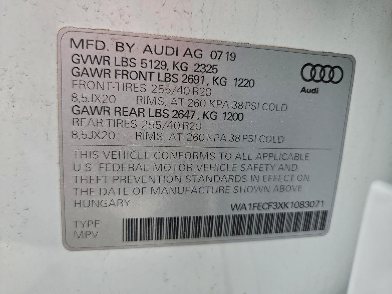 2019 Audi Q3 Prestige S-Line VIN: WA1FECF3XK1083071 Lot: 94293035