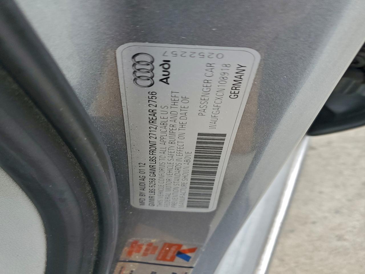 2012 Audi A6 Premium VIN: WAUFGAFCXCN108918 Lot: 96117905