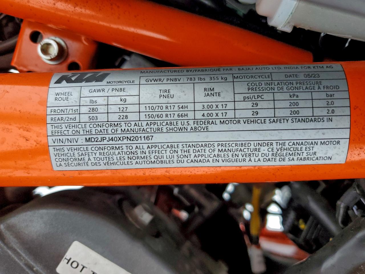 2023 Ktm Duke VIN: MD2JTJ40XPN201167 Lot: 94891895
