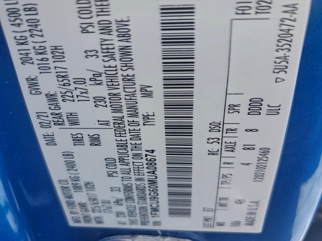 2021 Ford Escape Se VIN: 1FMCU9G60MUA08674 Lot: 95257405