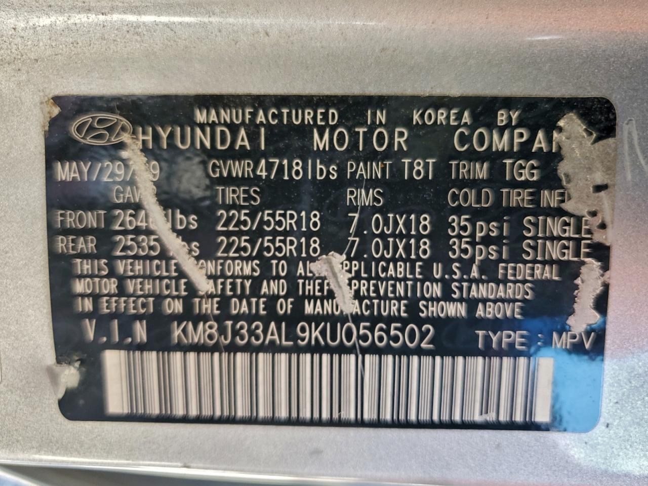 2019 Hyundai Tucson Limited VIN: KM8J33AL9KU056502 Lot: 95220645