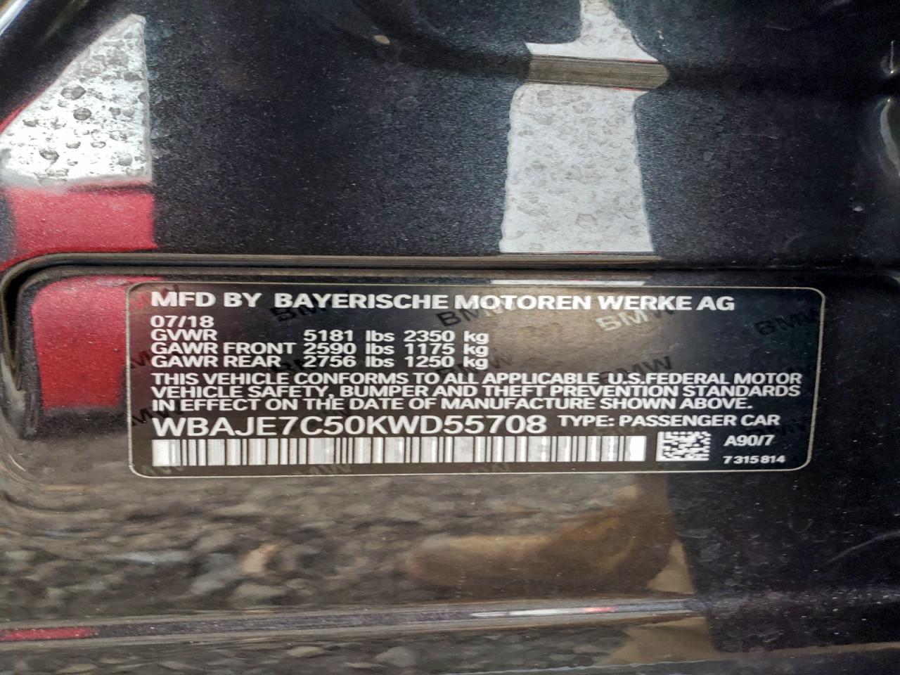 2019 BMW 540 Xi VIN: WBAJE7C50KWD55708 Lot: 94801675