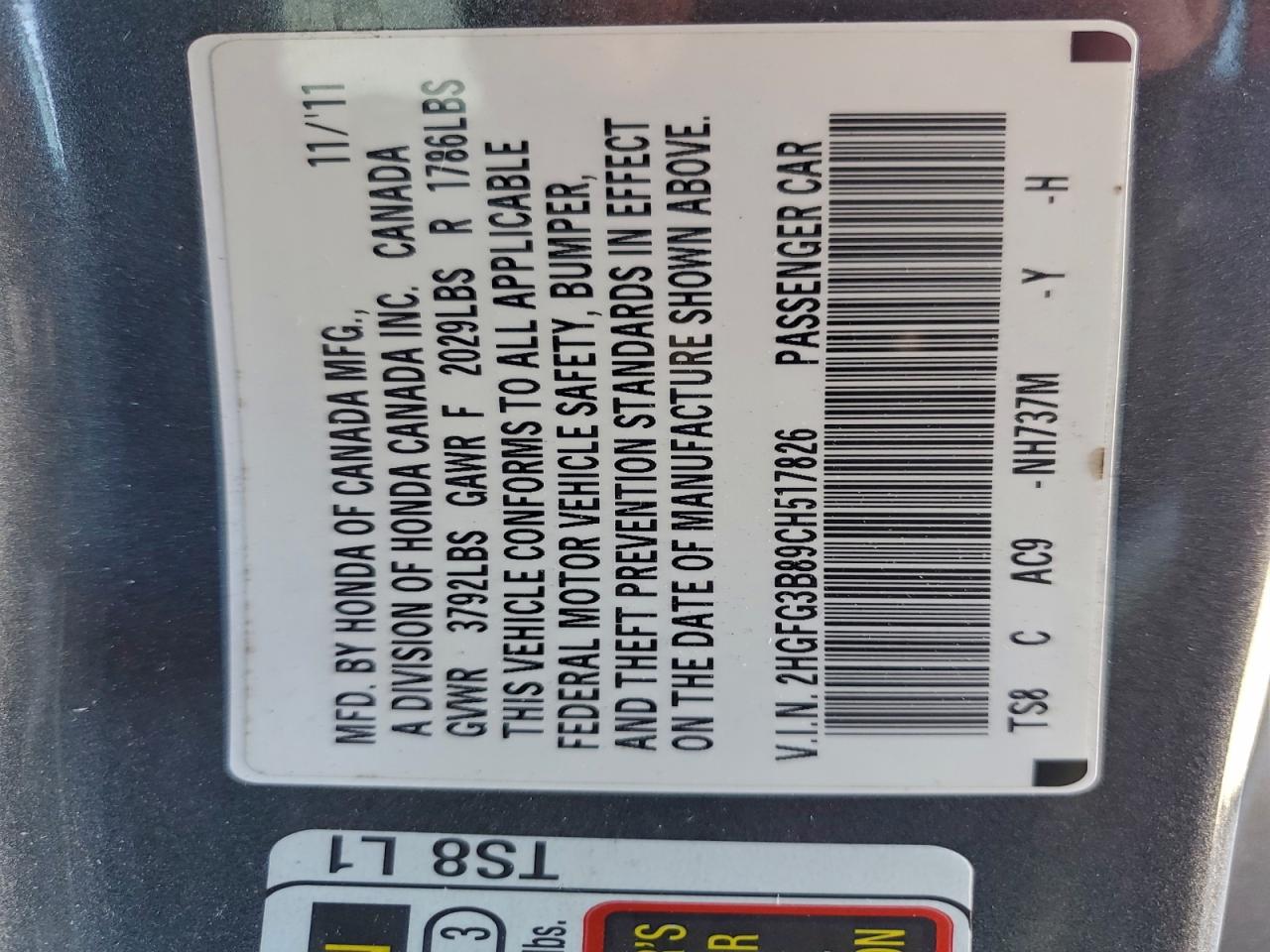 2012 Honda Civic Ex VIN: 2HGFG3B89CH517826 Lot: 97876045