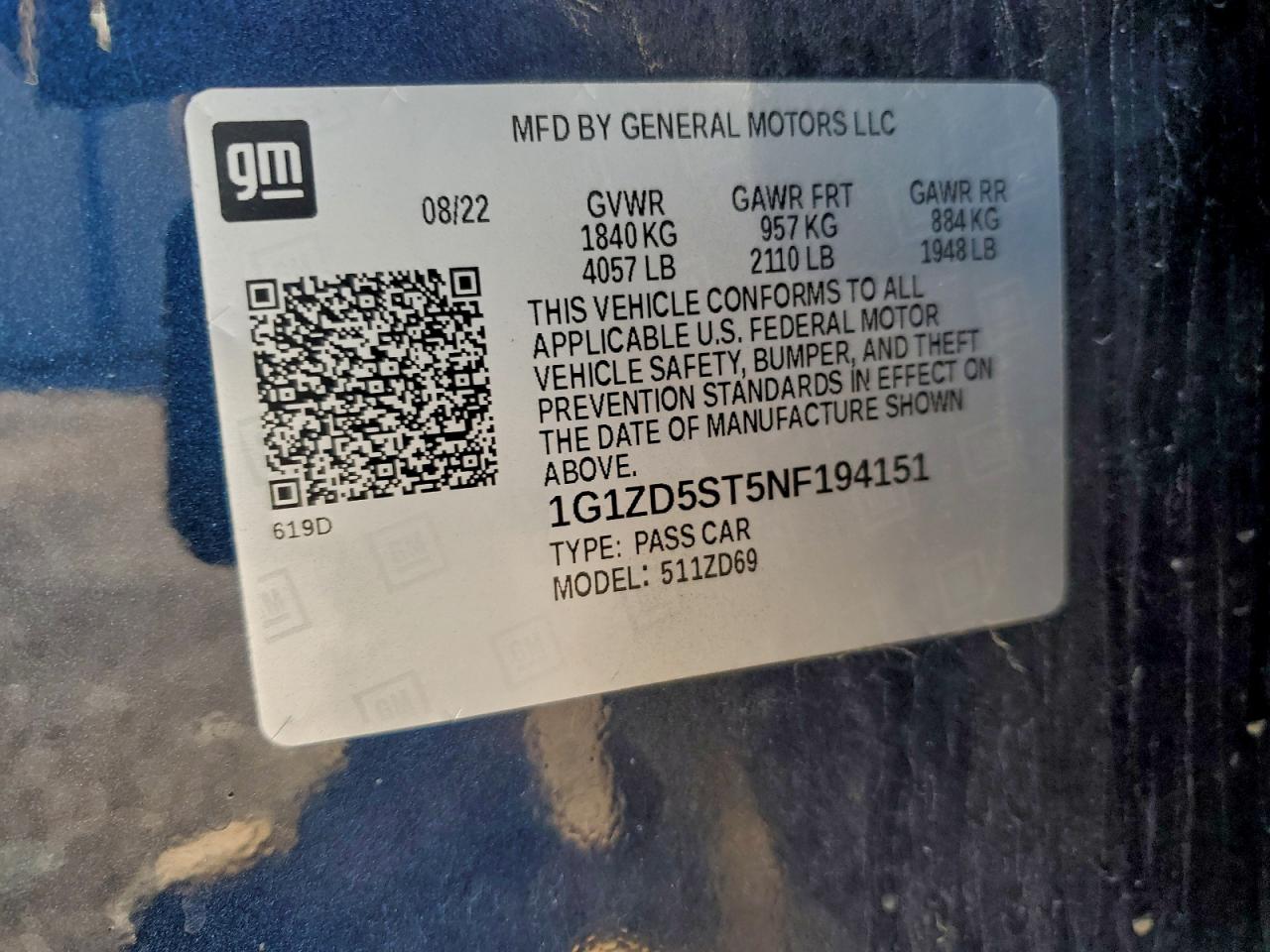 2022 Chevrolet Malibu Lt VIN: 1G1ZD5ST5NF194151 Lot: 95560085