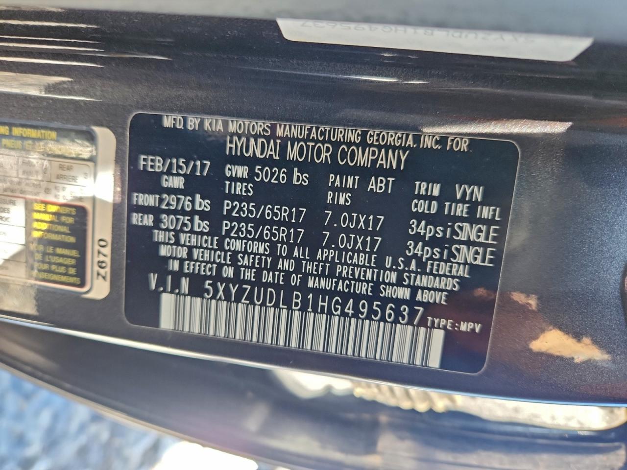 2017 Hyundai Santa Fe Sport VIN: 5XYZUDLB1HG495637 Lot: 96312355