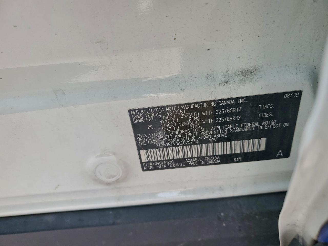 2019 Toyota Rav4 Le VIN: 2T3H1RFV1KC025710 Lot: 96040395