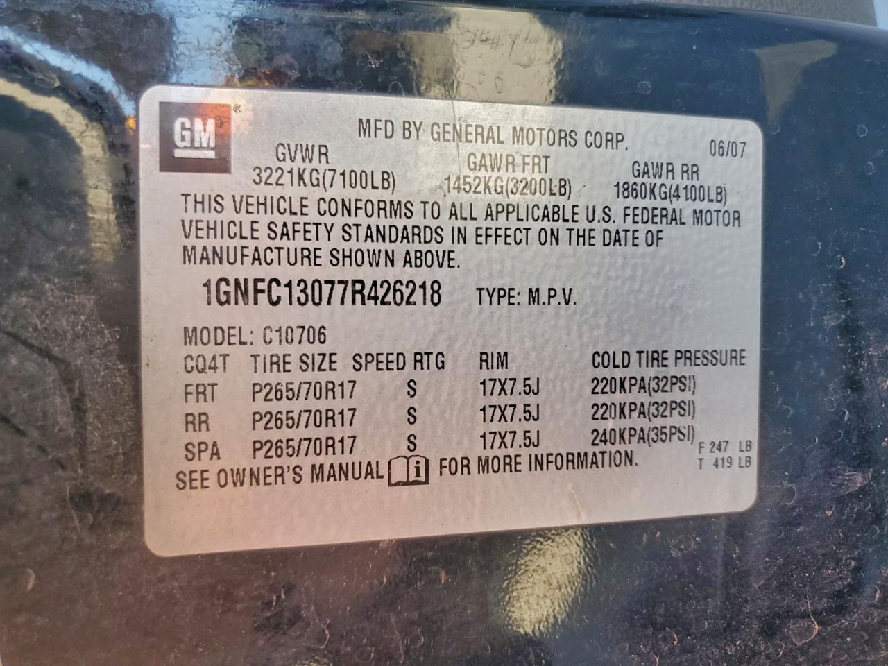 2007 Chevrolet Tahoe C1500 VIN: 1GNFC13077R426218 Lot: 96484295