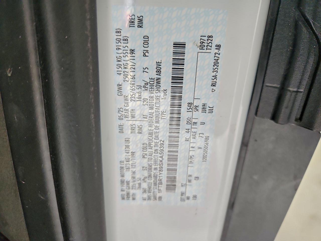 2025 Ford Transit T-250 VIN: 1FTBR1Y89SKA59392 Lot: 93031155