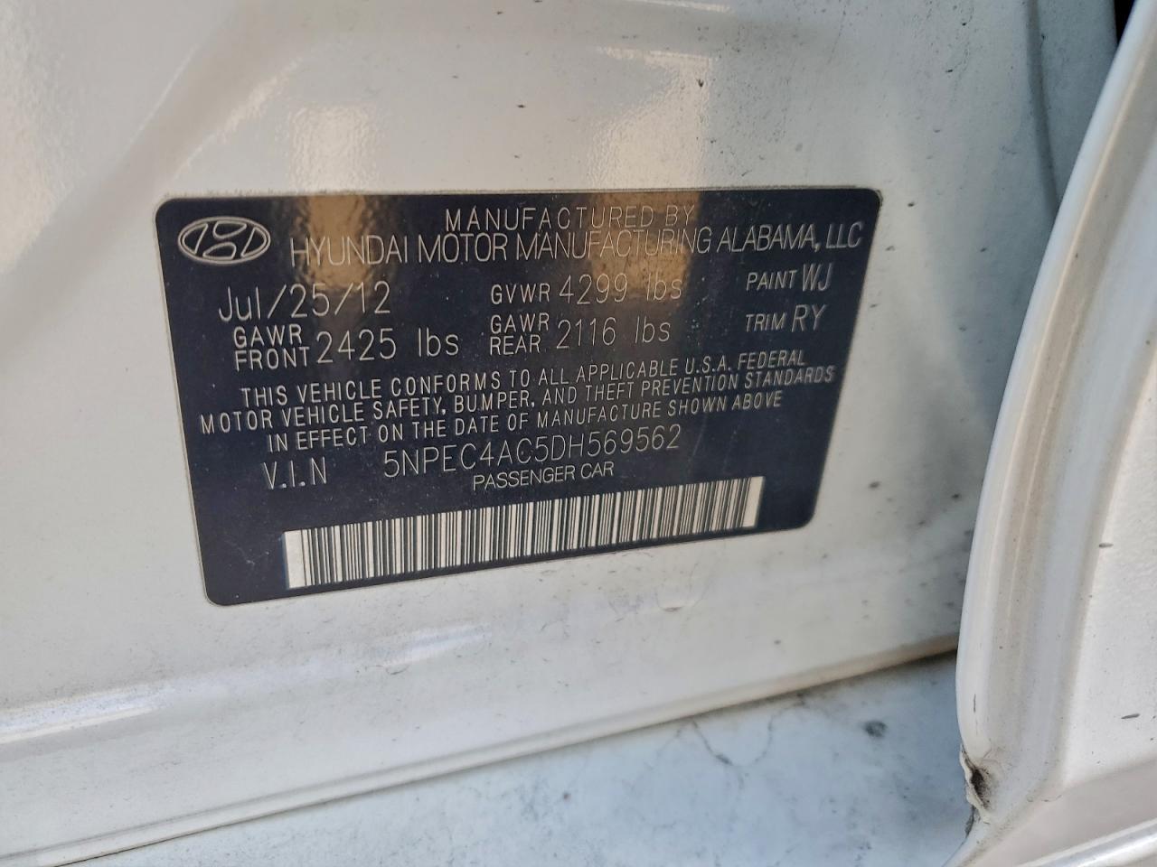 2013 Hyundai Sonata Se VIN: 5NPEC4AC5DH569562 Lot: 96798575