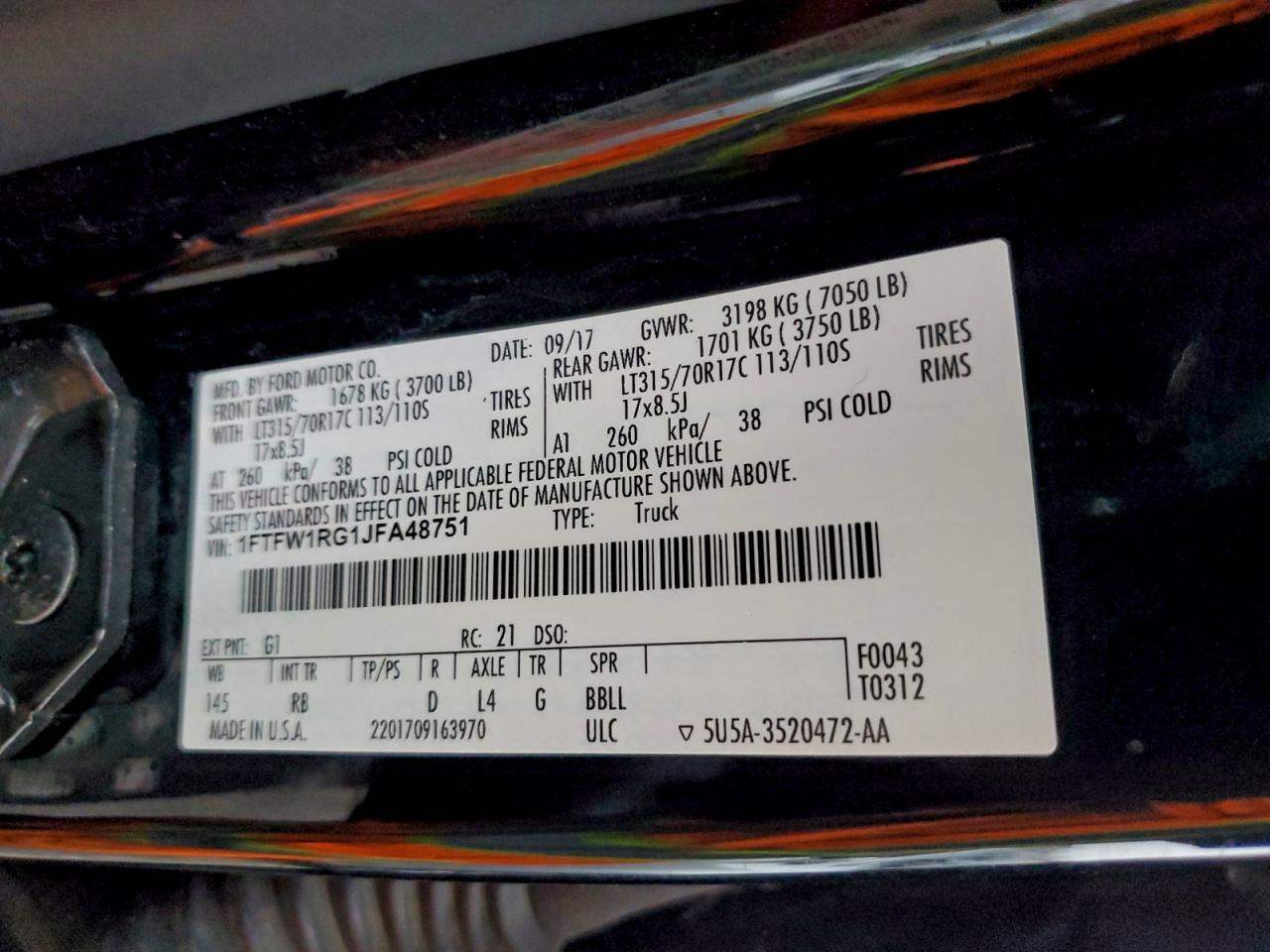 2018 Ford F150 Raptor VIN: 1FTFW1RG1JFA48751 Lot: 97603215