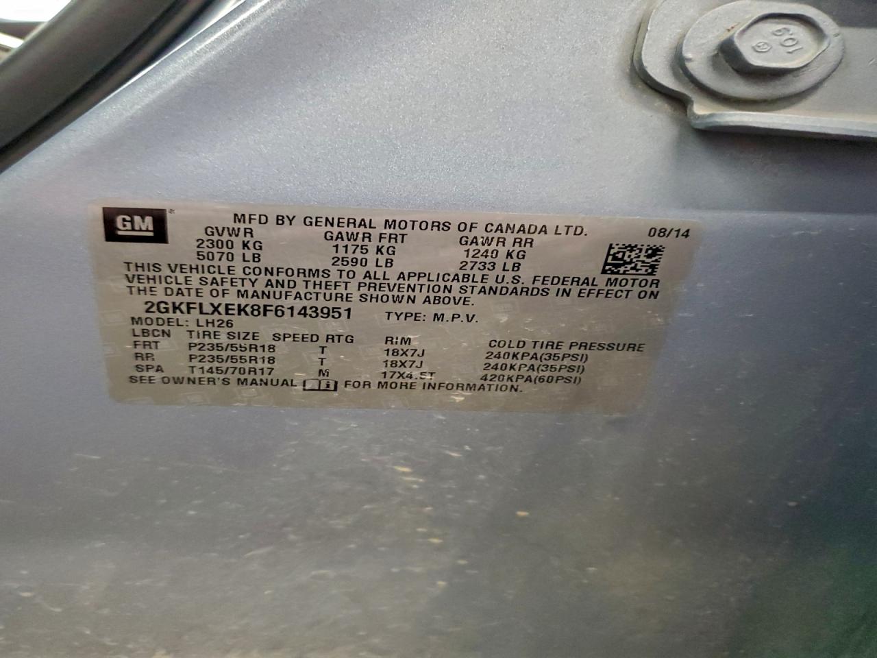 2015 GMC Terrain Slt VIN: 2GKFLXEK8F6143951 Lot: 94104845