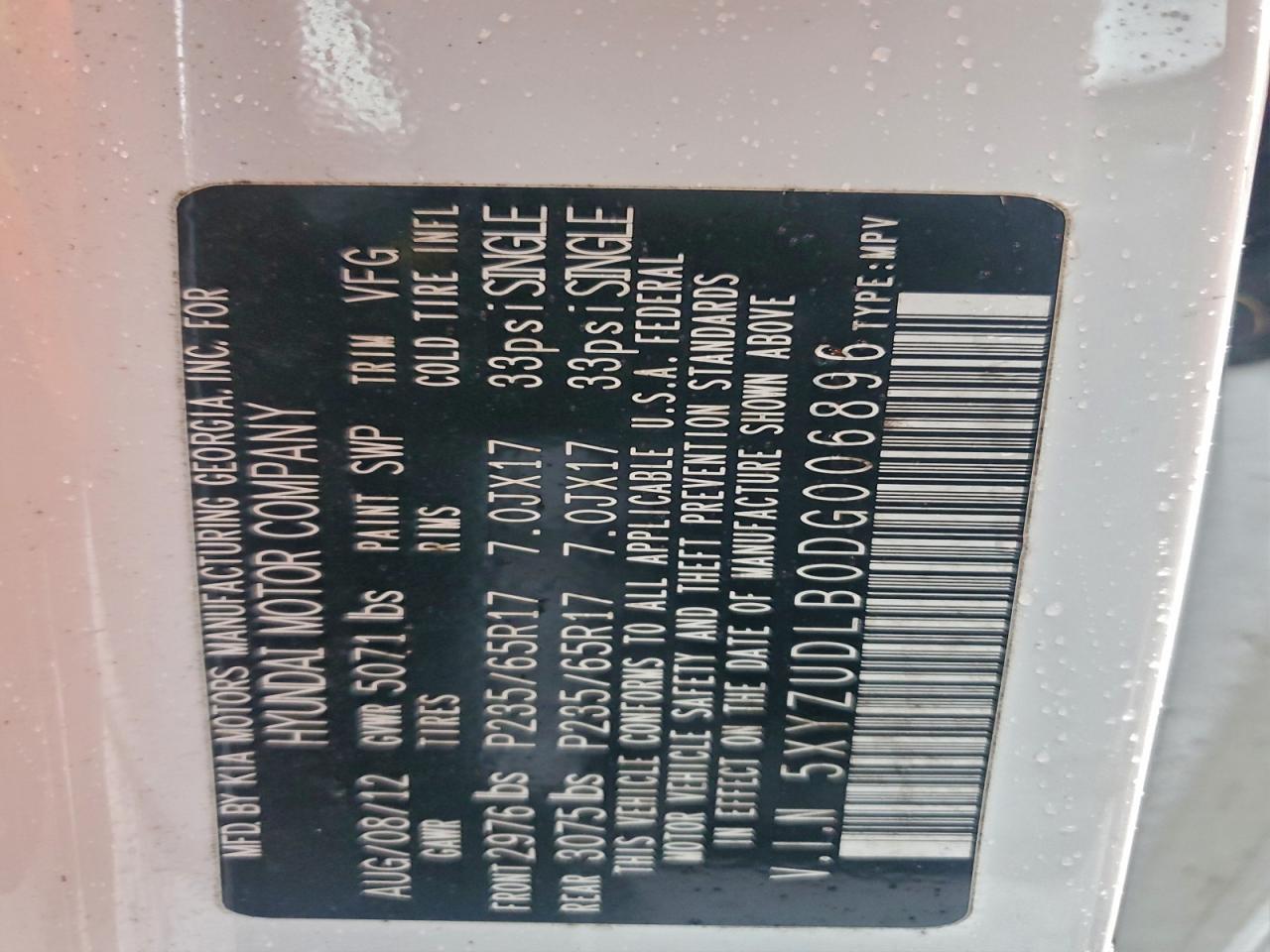 2013 Hyundai Santa Fe Sport VIN: 5XYZUDLB0DG006896 Lot: 95169435