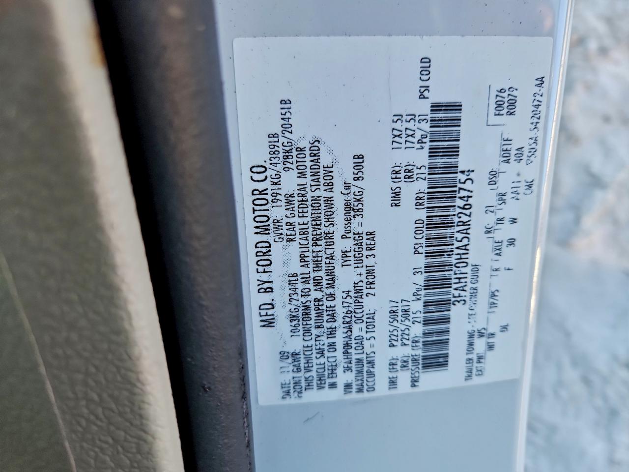 2010 Ford Fusion Se VIN: 3FAHP0HA5AR264754 Lot: 97125215