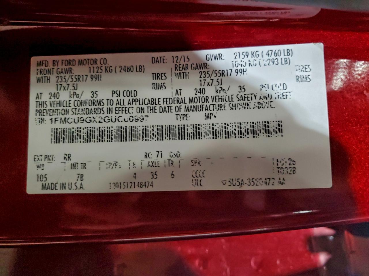 2016 Ford Escape Se VIN: 1FMCU9GX2GUC00997 Lot: 95970965