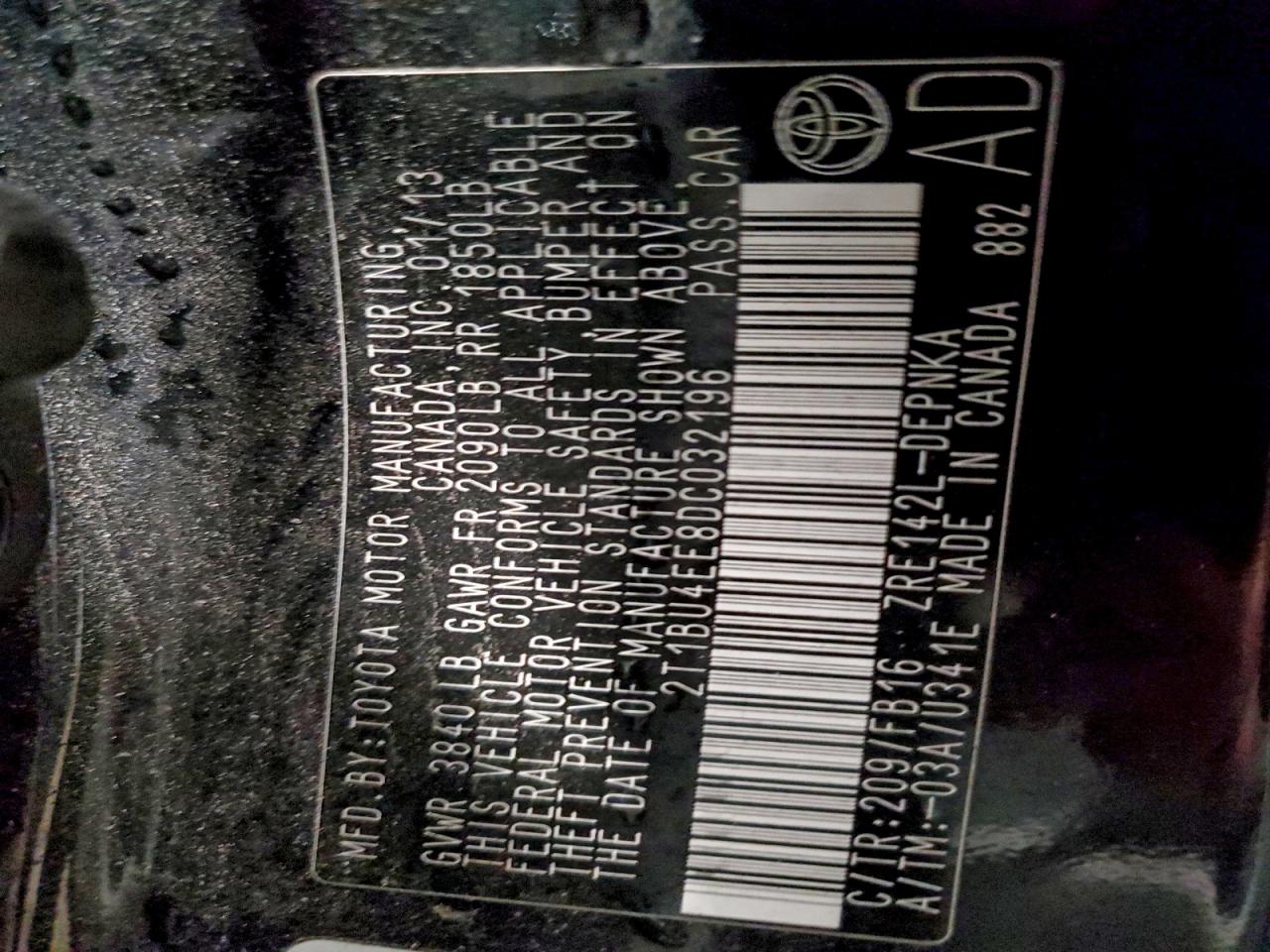 2013 Toyota Corolla Base VIN: 2T1BU4EE8DC032196 Lot: 95863205