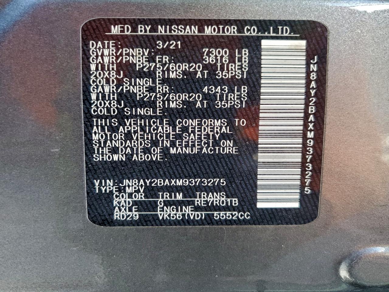 2021 Nissan Armada Sl VIN: JN8AY2BAXM9373275 Lot: 95483155